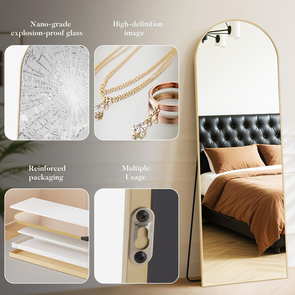 64"x21" Arched Full Length Floor Mirror, Full Body Mirror, Gold