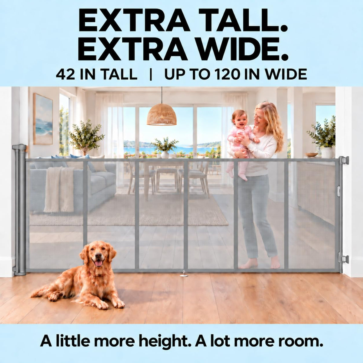 120" Extra Wide Retractable Baby Gate, 44" Tall Dog Gate for Stairs