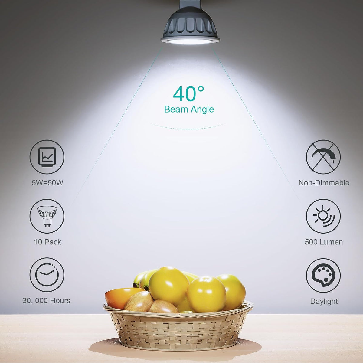 MR16 LED Bulbs 10 Pack, 5000K Daylight 500LM Lights (50W Equivalent), Non-Dimmable 40-Degree AC/DC 12V GU5.3 Bi-Pin