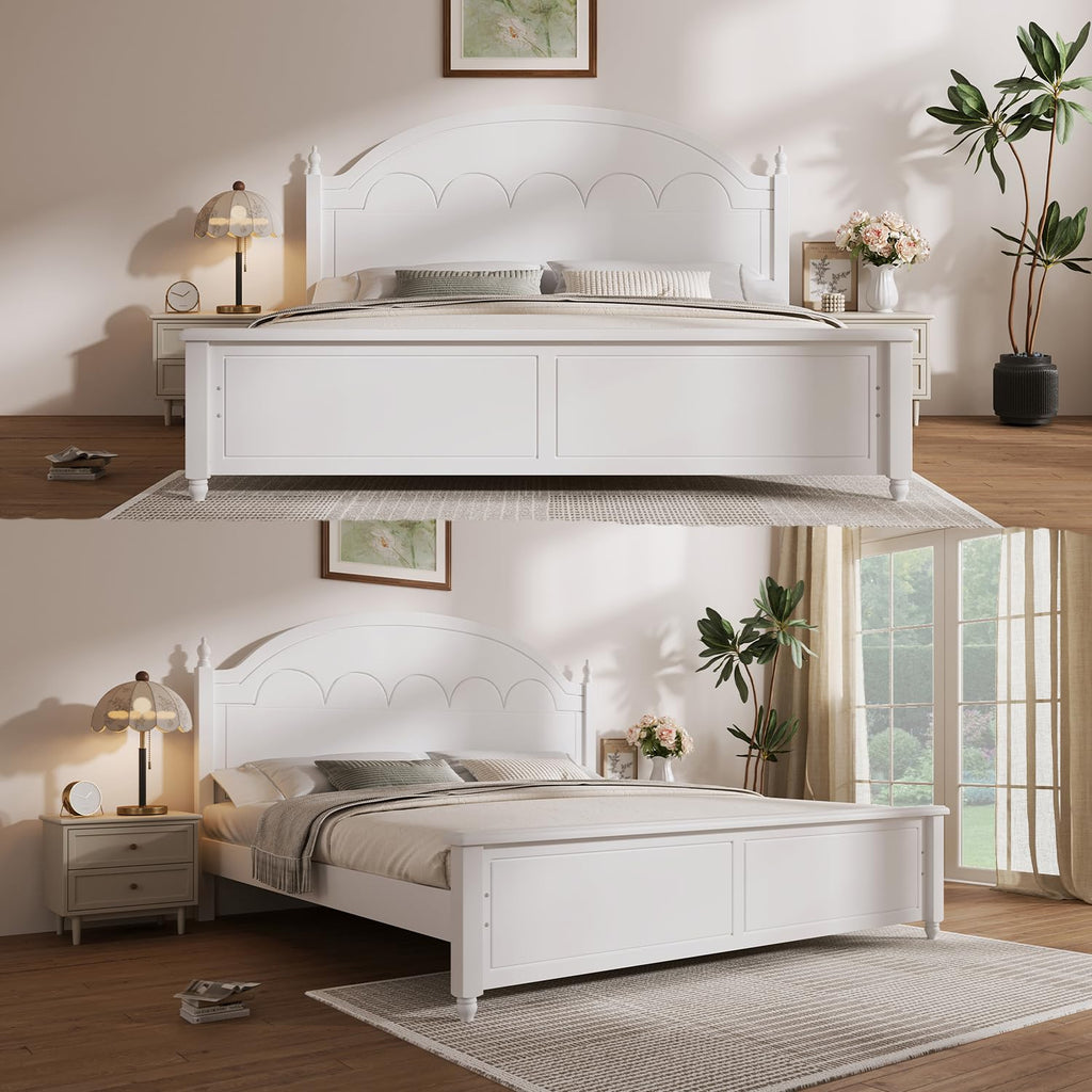 Wooden Bed Frames with White Headboard, Japanese Pine Wood Platform Bed, Rustic & Mid-Century Modern