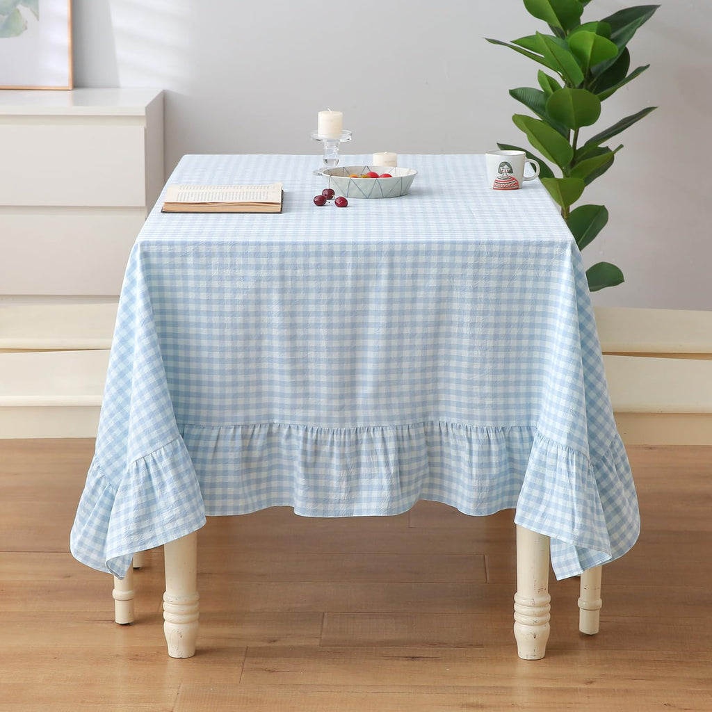 Light Blue White Gingham Ruffle Tablecloth Rectangular 120"x60"