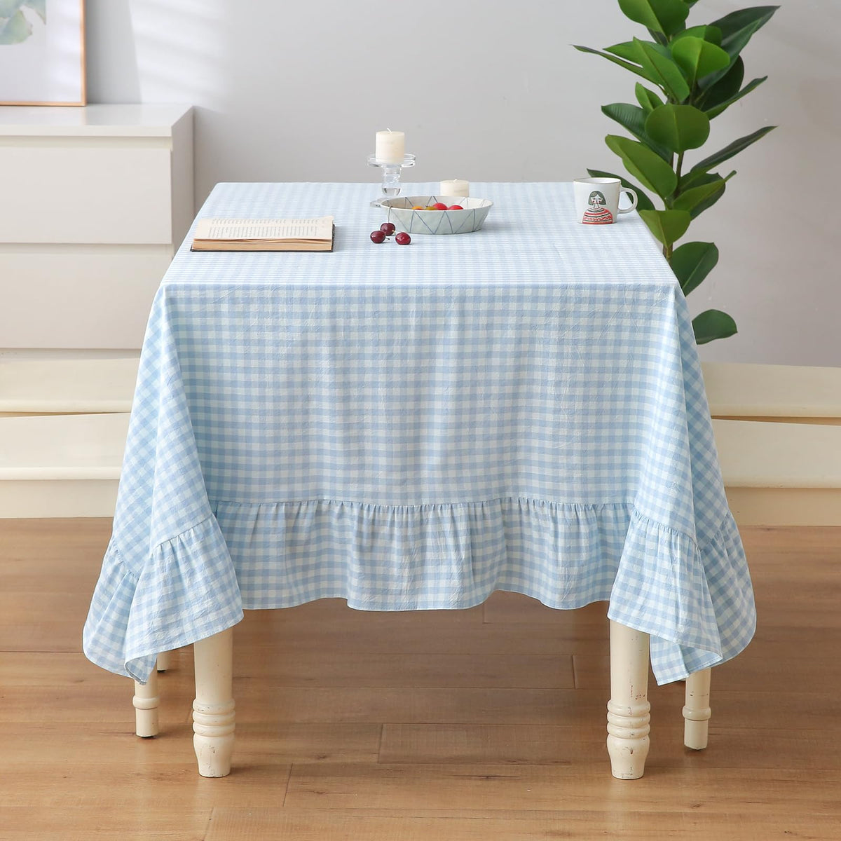 Light Blue White Gingham Ruffle Tablecloth Rectangular 120"x60"