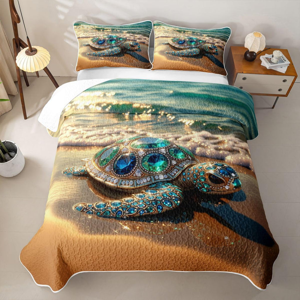 Sea Turtle Quilt for Women - Luxury Sparkling Gemstone Turtle Quilt Set Chic Coastal Beach Quilted Bedspread