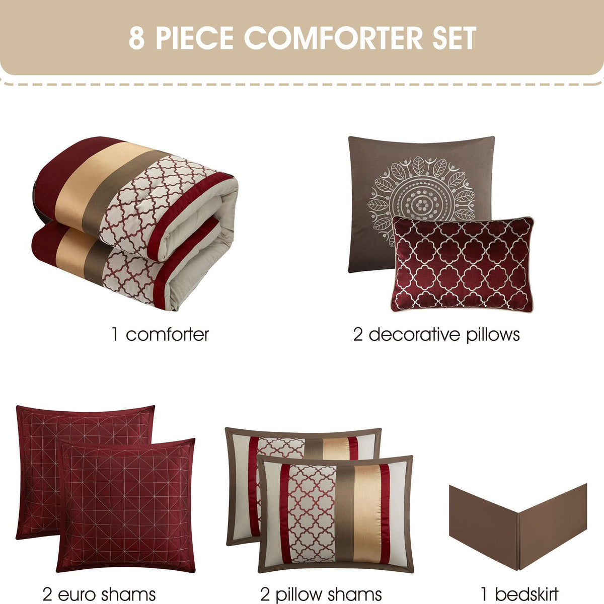 Modern Berry Taupe Comforter Set, Geometric, Jacquard 8 Pieces Bedding Sets All Season with Comforters, Bed