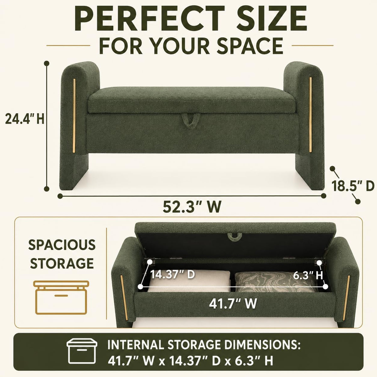 Modern 52" Storage Ottoman Bench, Upholstered End of Bed Storage Bench with Armrests, Entryway Bench, Teddy Foot Rest