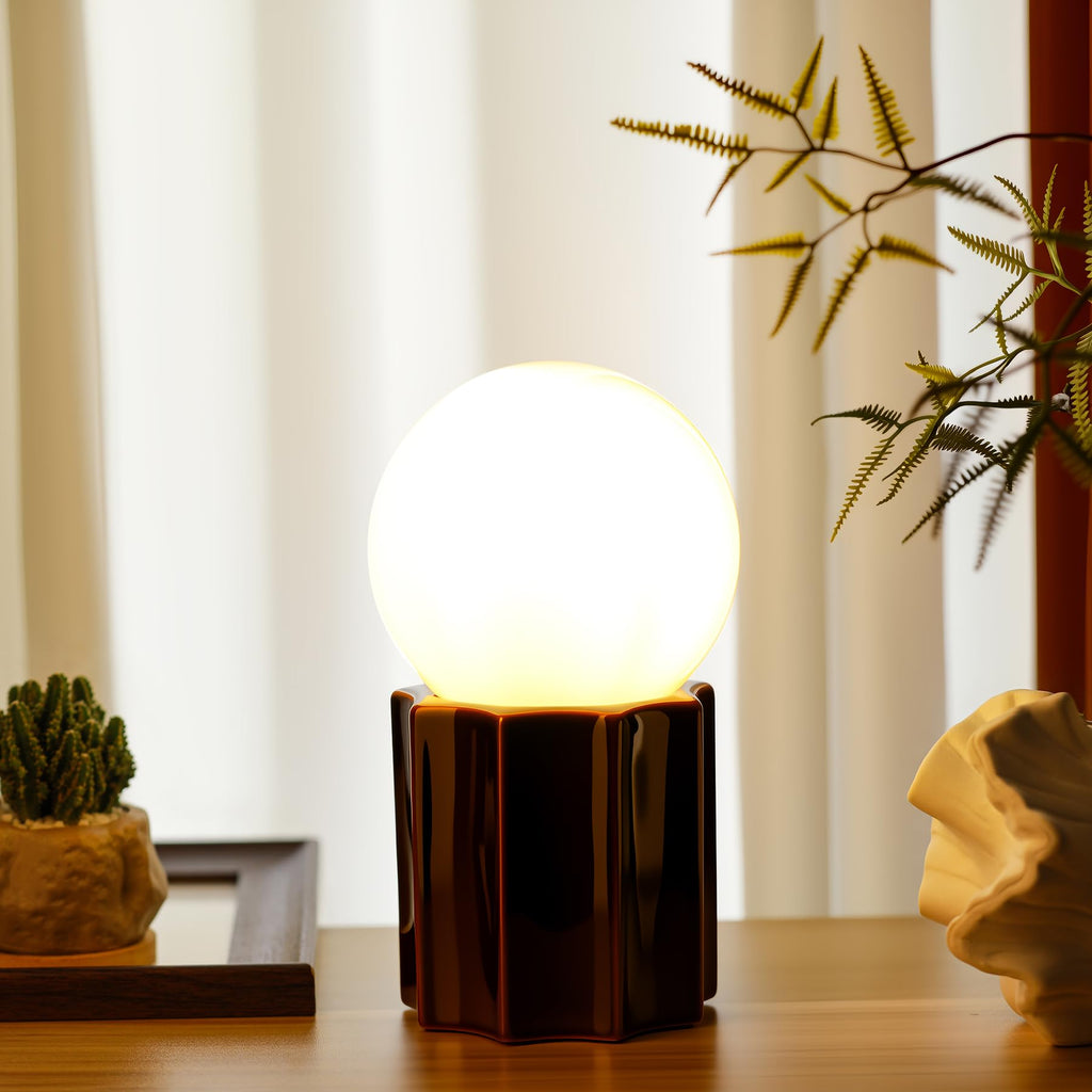Modern Ceramics Table Lamp Brown Ceramic Base White Jade Round Ball Glass Accent Table Lamp Living Room Bedroom