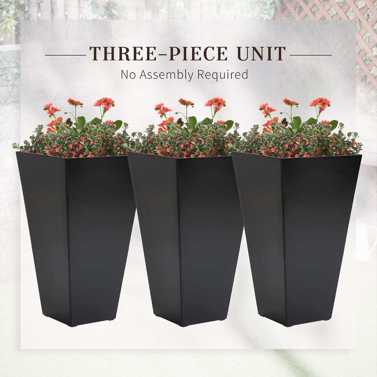 Set of 3 Planter, Indoor/Outdoor Plant Pots, 15.75" x 15.75" x 28" Tapered Square Flower Pot for Porch Patio and