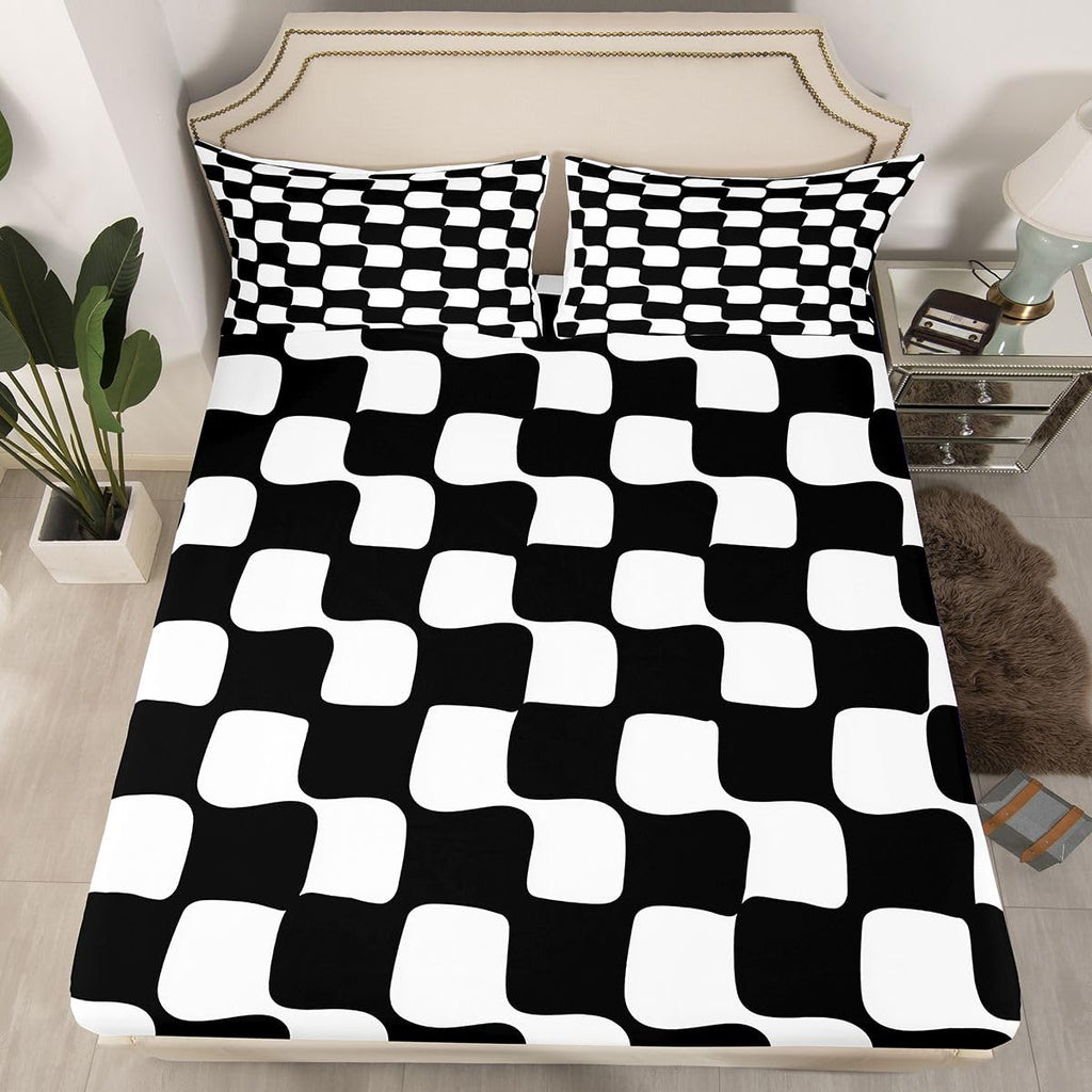 Checkered Grid Bed Sheets Set Buffalo Plaid Deep Pocket Fitted Sheet Black White Bedding Sets Geometric