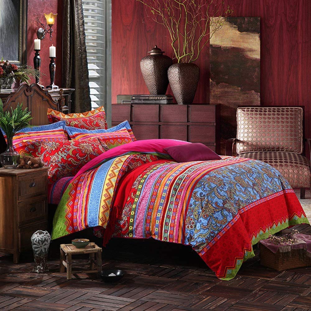 Bohemian Duvet Cover Set Colorful Red Boho Retro Bedding Set Damask Paisley Cotton Duvet Cover Tribal Reversible