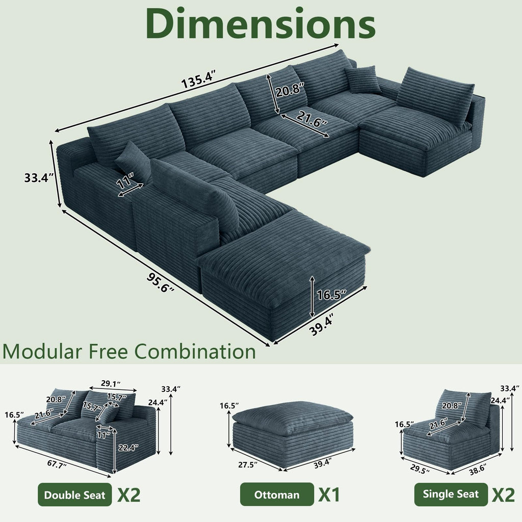 136" Cloud Couch Modular Sectional Sofa, U-Shape Boneless Couch with Deep Seat, Modern Corduroy 6-Seater with