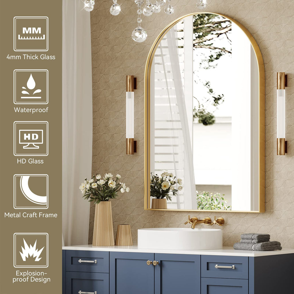Arched Mirror, 24 x 36 Inch Gold Arch Mirror, Metal Frame Gold Arched Wall Mirror, Arched Top Bathroom Vanity Mirror