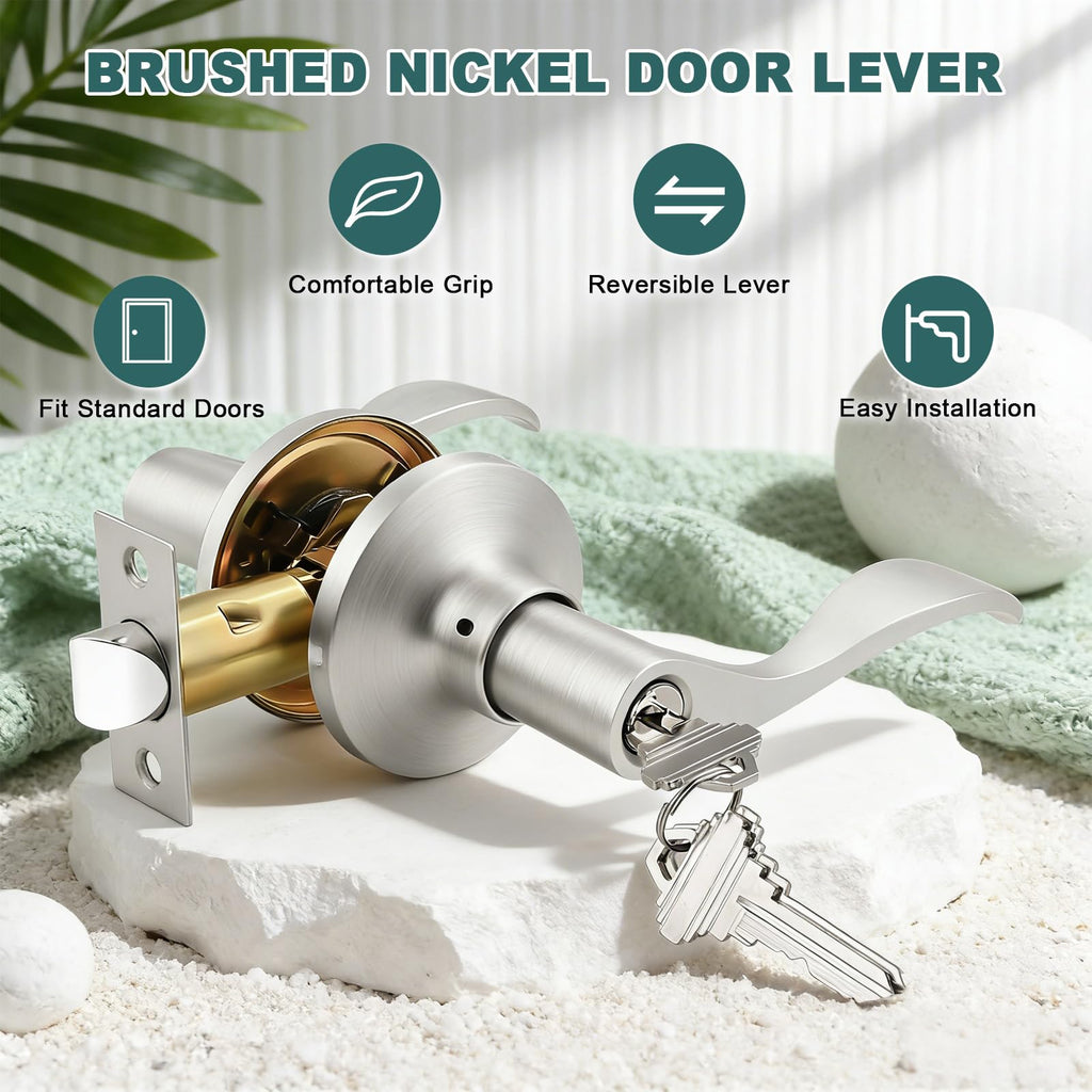 Entry Door Handles with Lock and Keys, Brushed Nickel Keyed Entry Door Lock Sets for Exterior & Interior Doors