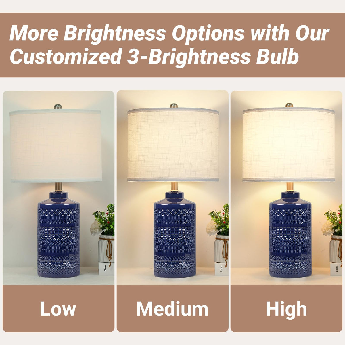 24.5" Navy Blue Table Lamp Modern Bedside Ceramic Lamps 3-Way Dimmable Entryway Nightstand Farmhouse Lamp Bedroom