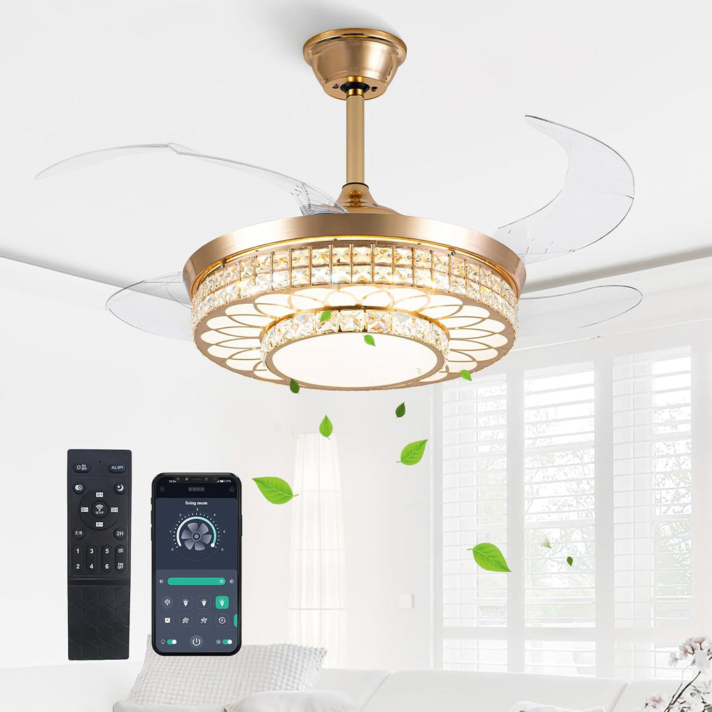 42" Crystal Retractable Ceiling Fan with Light & Remote