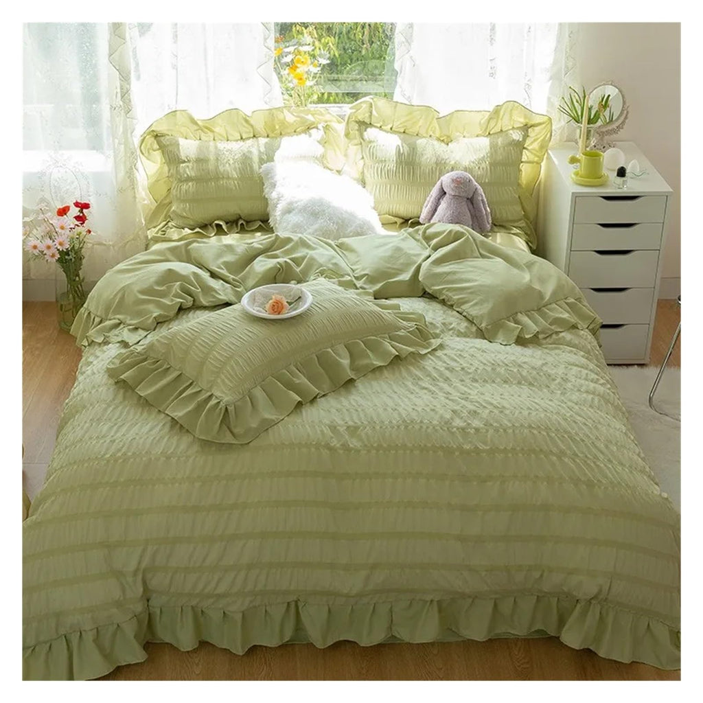 Ultra Soft Seersucker Fabric Ruffle White Bedding Set Double 4Pcs Quilt Duvet Cover Flat Bed Sheet 2