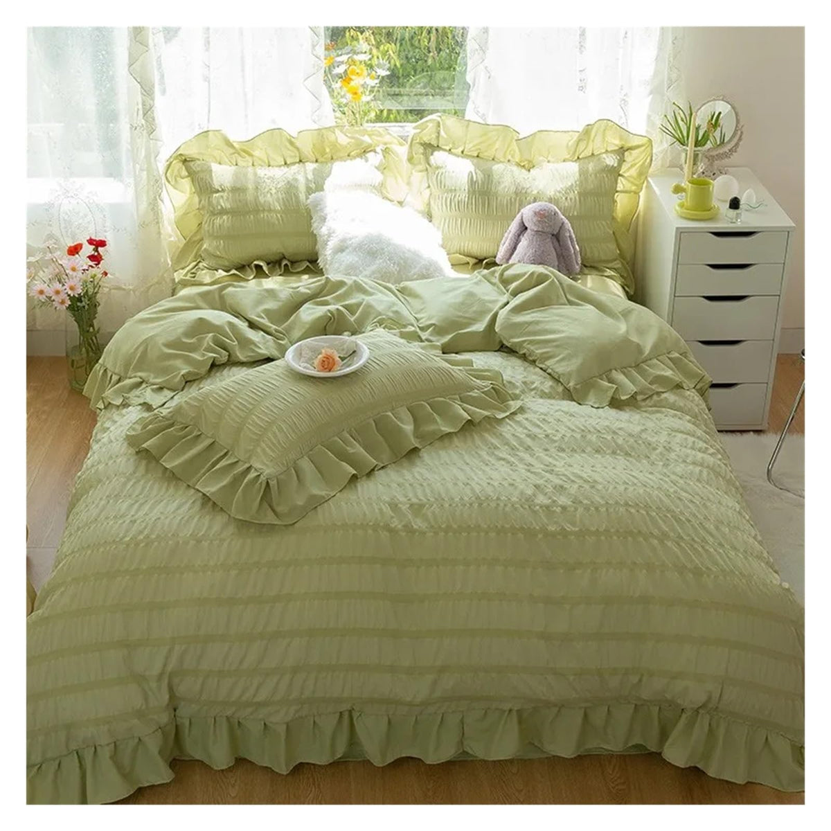 Ultra Soft Seersucker Fabric Ruffle White Bedding Set Double 4Pcs Quilt Duvet Cover Flat Bed Sheet 2