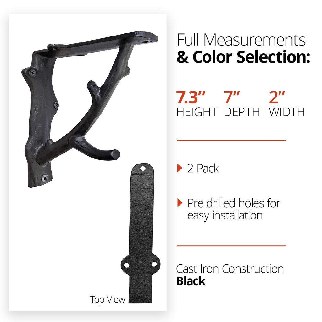 Decorative Shelf Brackets, 2 Pack of 7 x 2 x 7.3 inch, Black Cast Iron Rustic Shelf Brackets - Metal Shelf Brackets