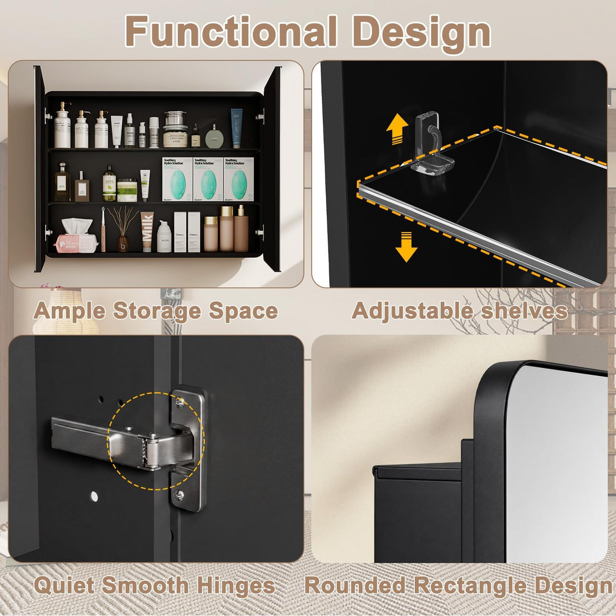 32x24 in Double Door Medicine Cabinet with Mirror, Matte Black | Fully Assembled; Recessed or Surface Wall Mount;