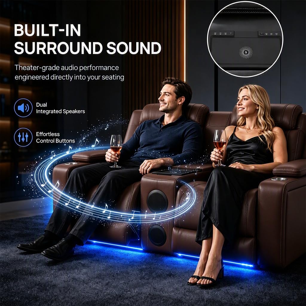 Leather Power Recliner Sofa Set with Bass Speaker/LED(Brown, 3PCS)