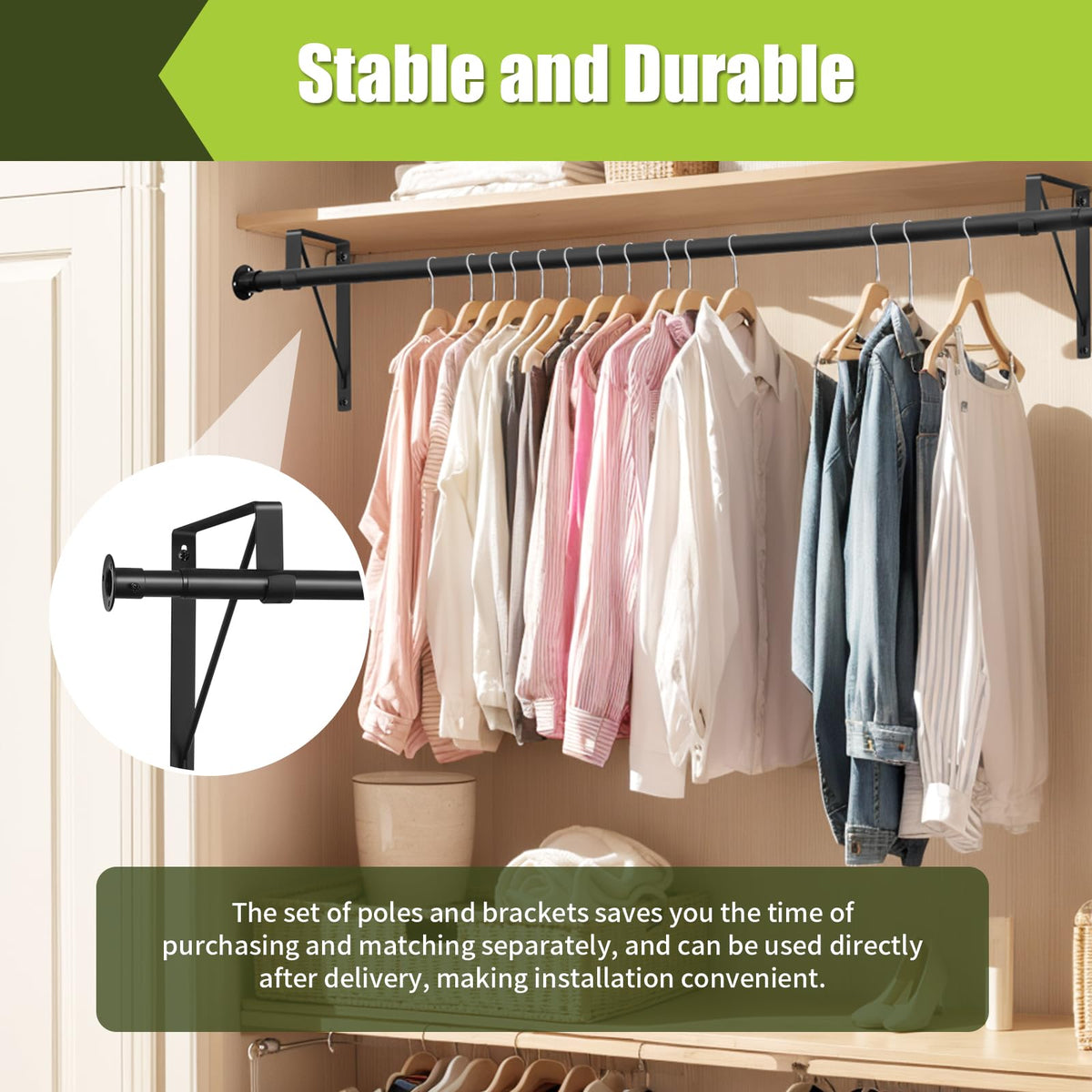 Closet Rod, 17 to 51 Inch Clothes Rods 1.3 Inches Heavy Duty Adjustable Closet Pole for Hanging Clothes and Heavy
