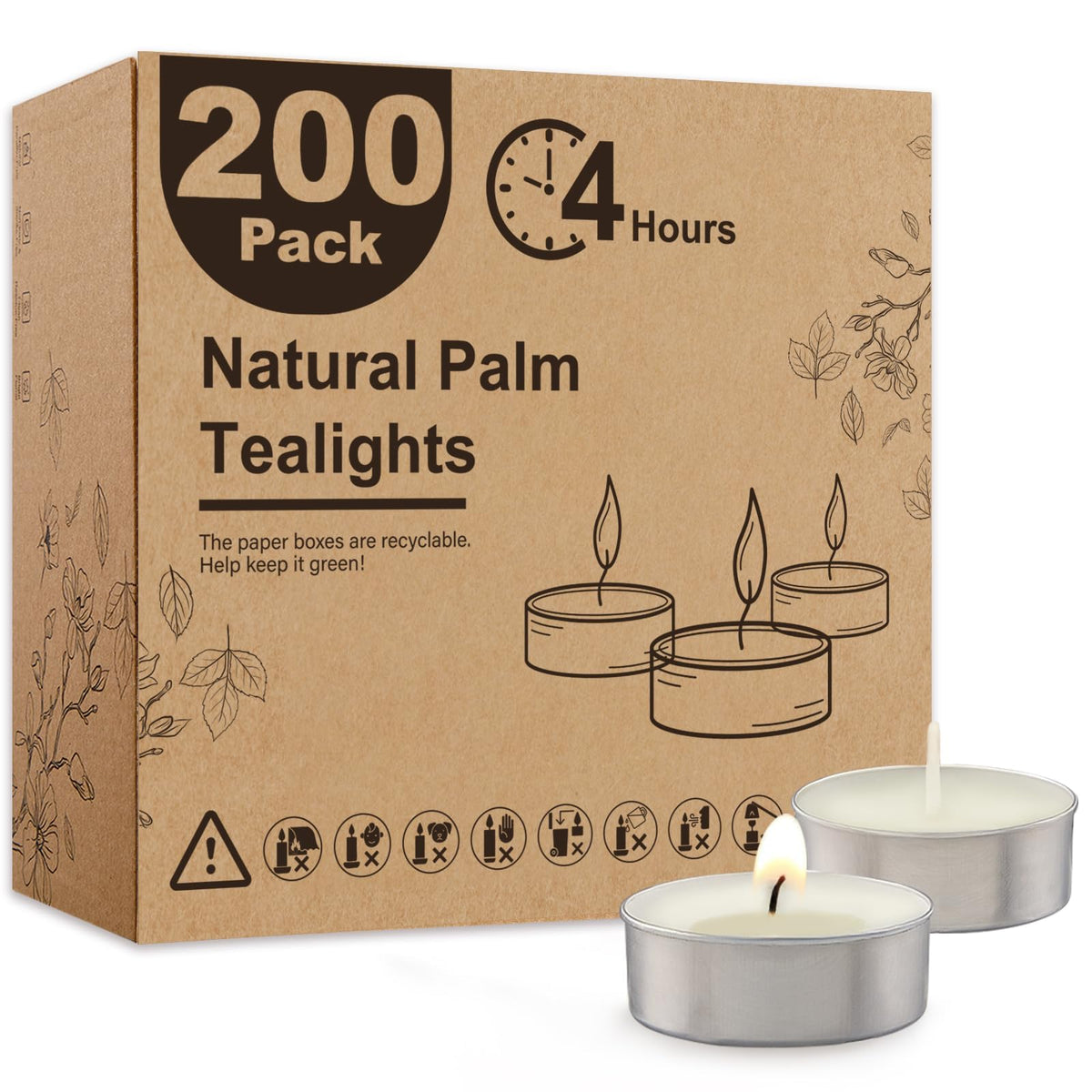 Tea Light Candles, 200 Pack Unscented Palm Wax, 4 Hour Long Burn