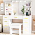Large Vanity Desk with Mirror and Lights,Glass Top,9 Drawers | White Makeup Vanity Table with 4 Storage