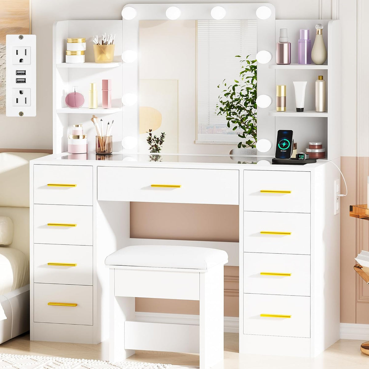 Large Vanity Desk with Mirror and Lights,Glass Top,9 Drawers | White Makeup Vanity Table with 4 Storage