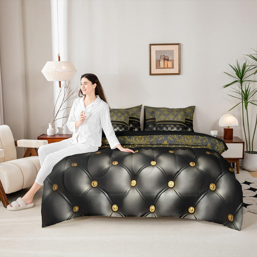 Golden Damask Comforter Set 7 Piece Bed in a Bag Twin | Luxury Black Diamond Texture Pattern Bohemian Bedding Sets