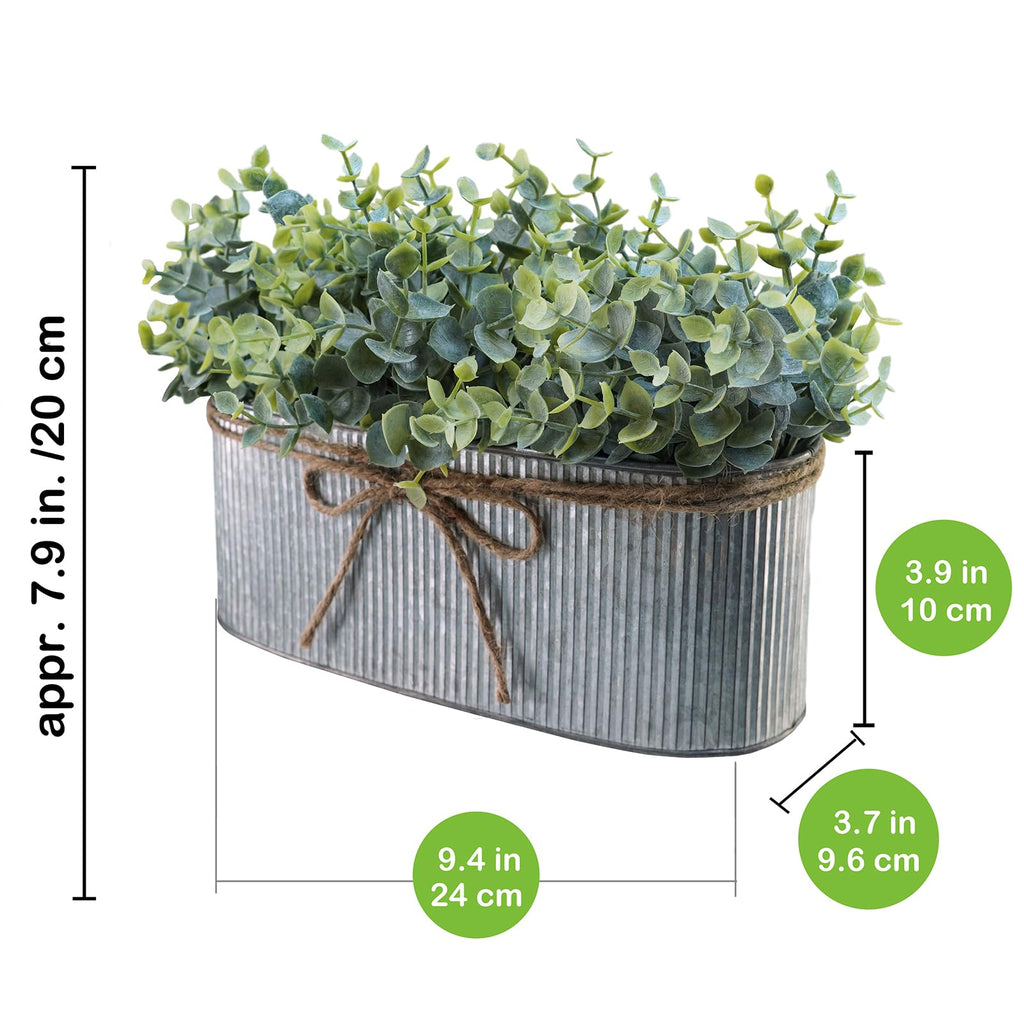 Artificial Eucalyptus Arrangement in Rustic Oval Galvanized Metal Planter Box Faux Eucalyptus Bush Greenery Potted