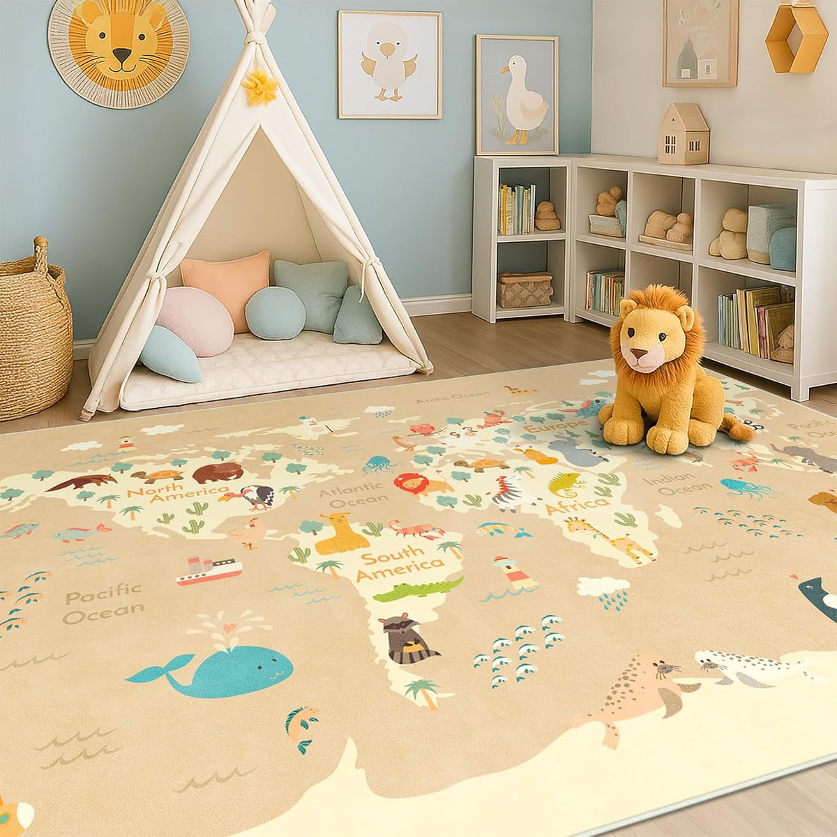 Washable Kids Rug for Playroom - Toddlers Room Play Rug, Educational World Map Play Mat with Cute Animals