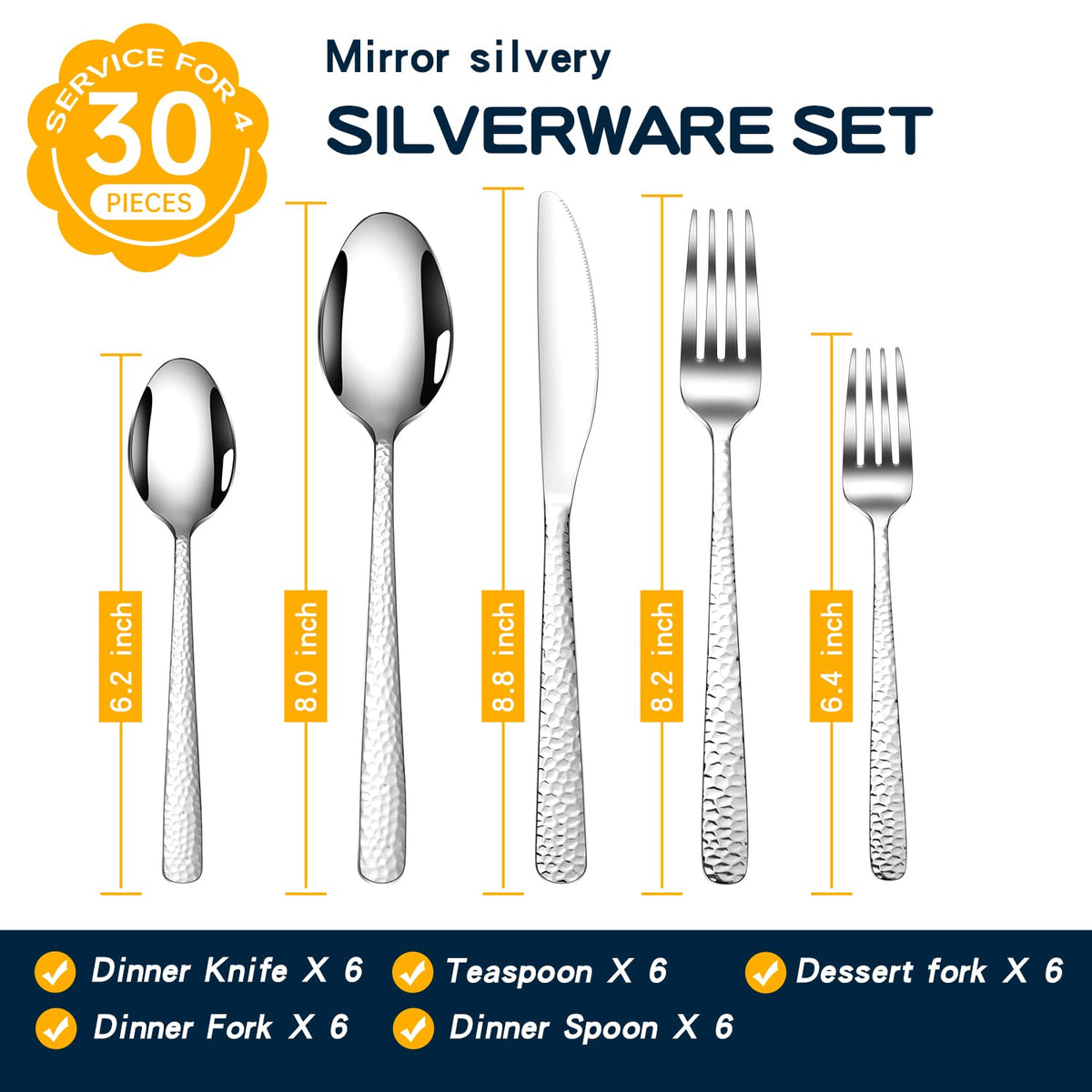 Hammered Silverware Set, 30 Pieces Flatware Set Service for 6, Premium Stainless Steel Mirror Polished Cutlery