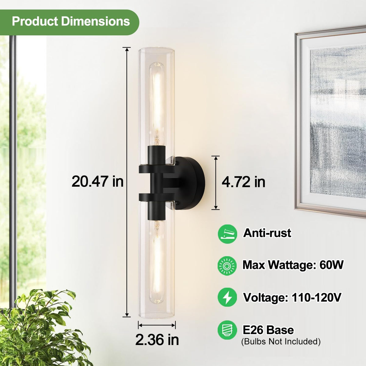 Wall Sconces Set of Two, Hardwired Matte Black Bathroom Sconces Wall Lighting with Clear Glass, Modern Sconces Wall