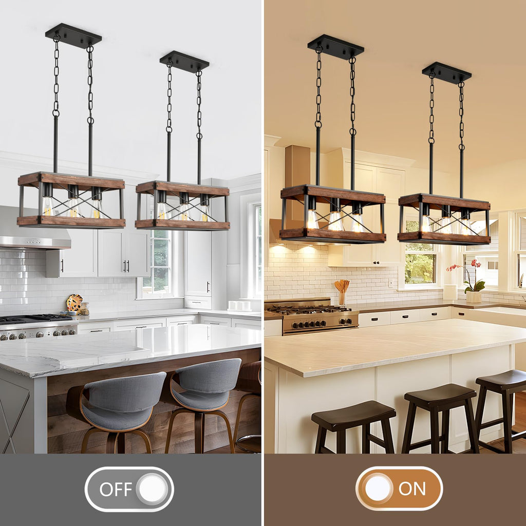 Genuine Wood Farmhouse Kitchen Island Light, 3-Light Rustic Pendant Chandelier with Adjustable Height, Metal Linear