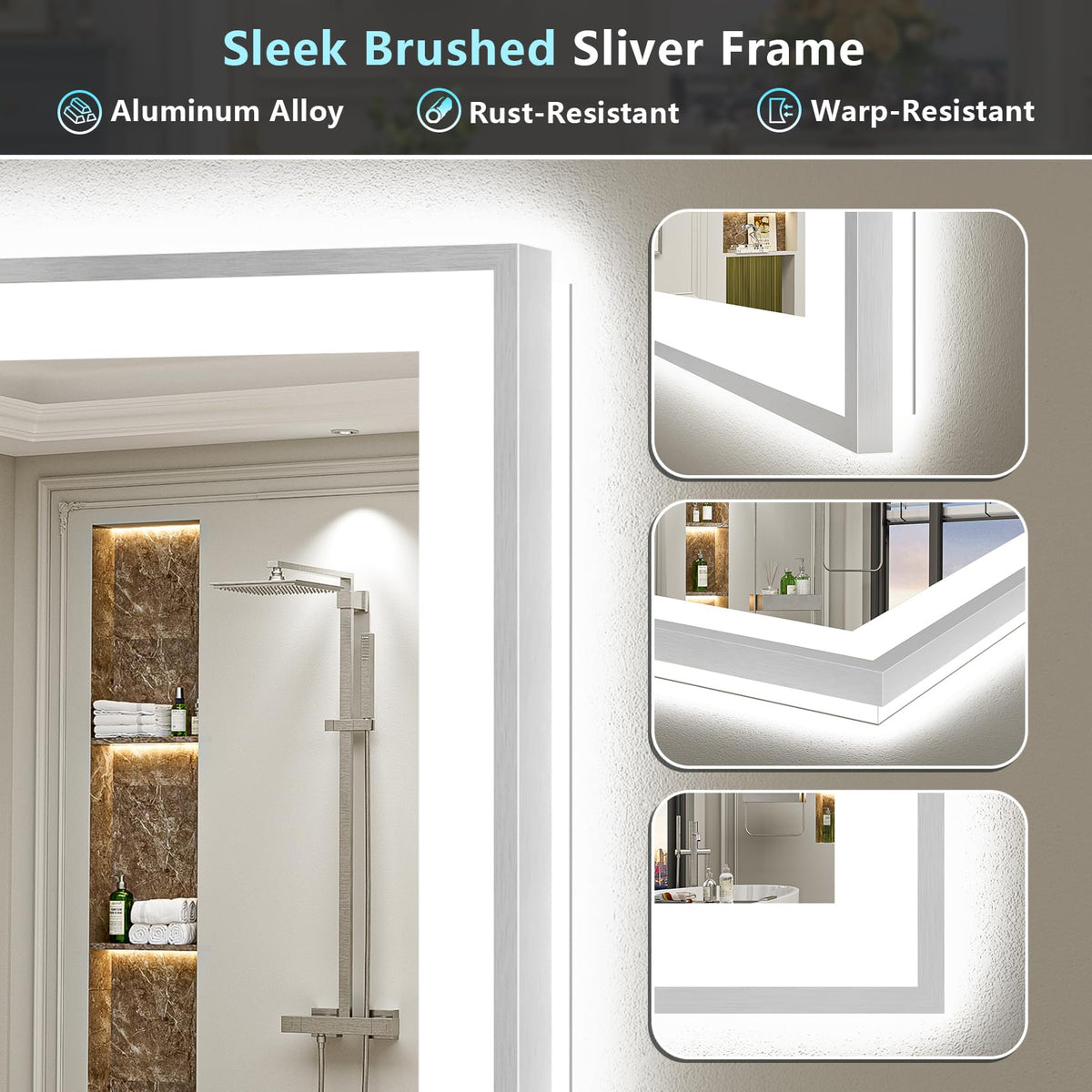 44x30 Inch Brushed Nickel LED Bathroom Mirror, Backlit & Front Lit