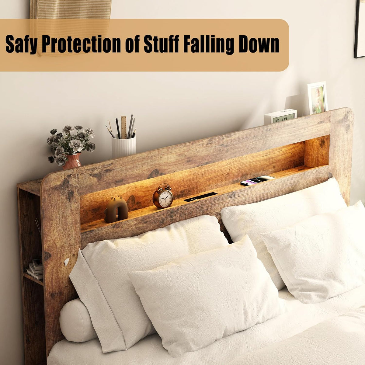 Wooden Bed Frame with Storage Headboard, Farmhouse Platform Bedframe with Bookcase Shelf & Led Lights