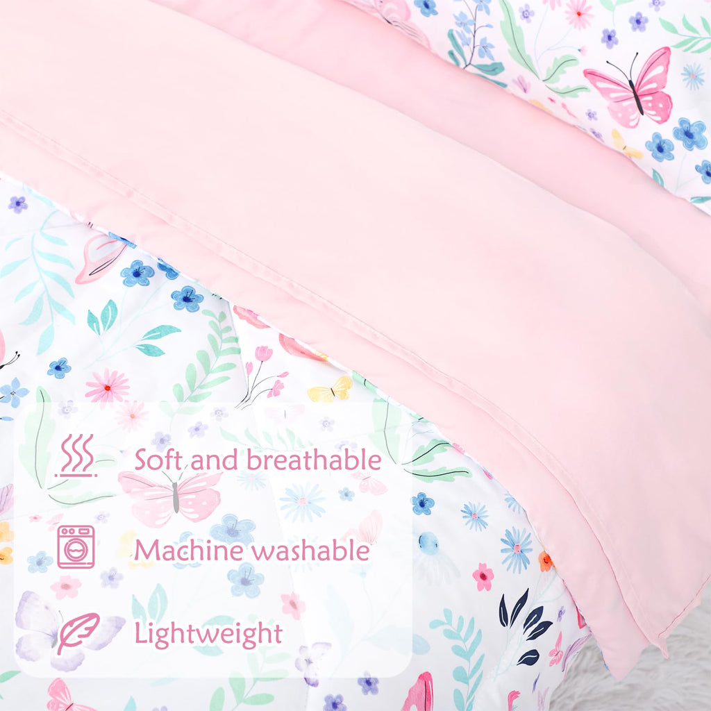 Toddler Bedding Set for Girls 4 Pieces Butterfly, Soft Breathable Toddler Comforter Set, Flower Print, Includes