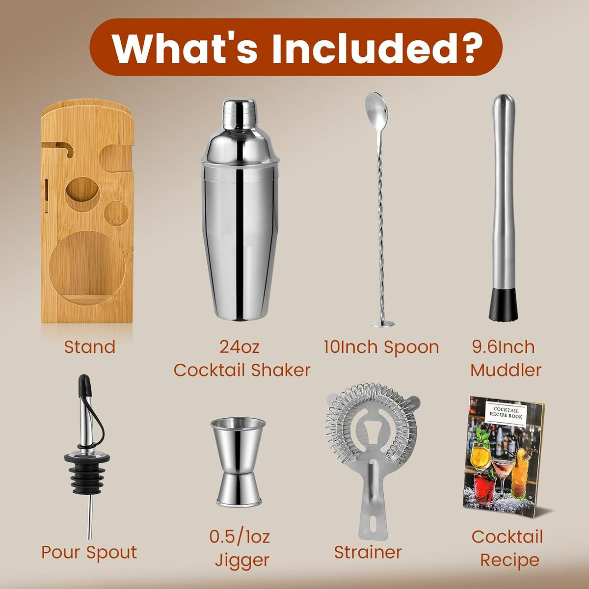 8-Piece Cocktail Shaker Set with Wooden Stand Bartender Kits Bar Set - Set of 8