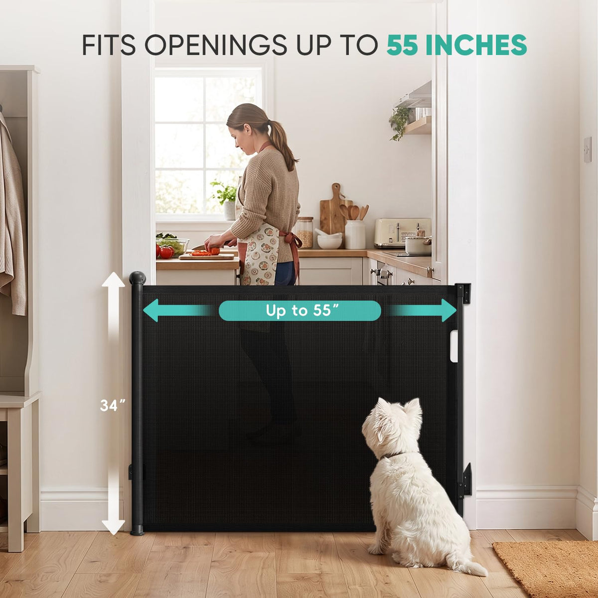 Retractable Baby Gates for Stairs, 34" Tall Expands to 55" Wide