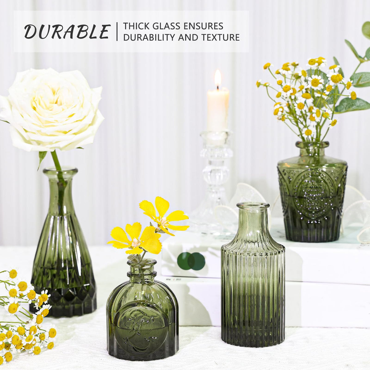 Glass Bud Vase Set of 5, Small Green Flower Vases for Centerpieces