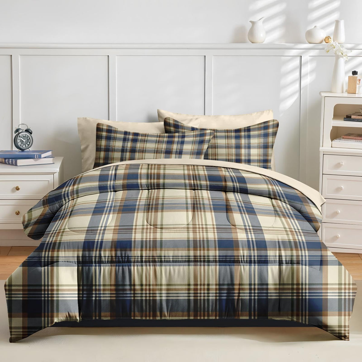 Comforter Set with Sheets, 7 Pieces Plaid Navy Bedding