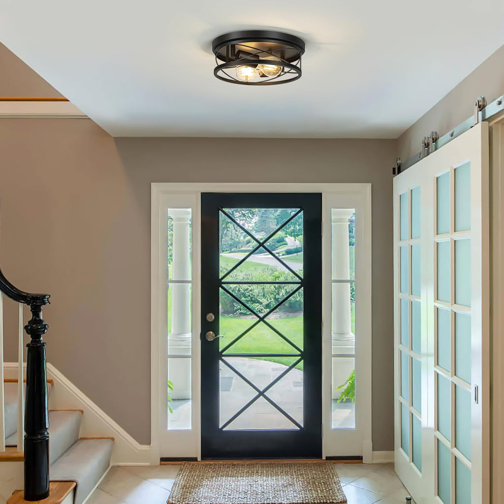 Farmhouse Ceiling Light, Black 2-Light Hallway Flush Mount Ceiling Lights, Round Metal Lighting Fixtures Ceiling