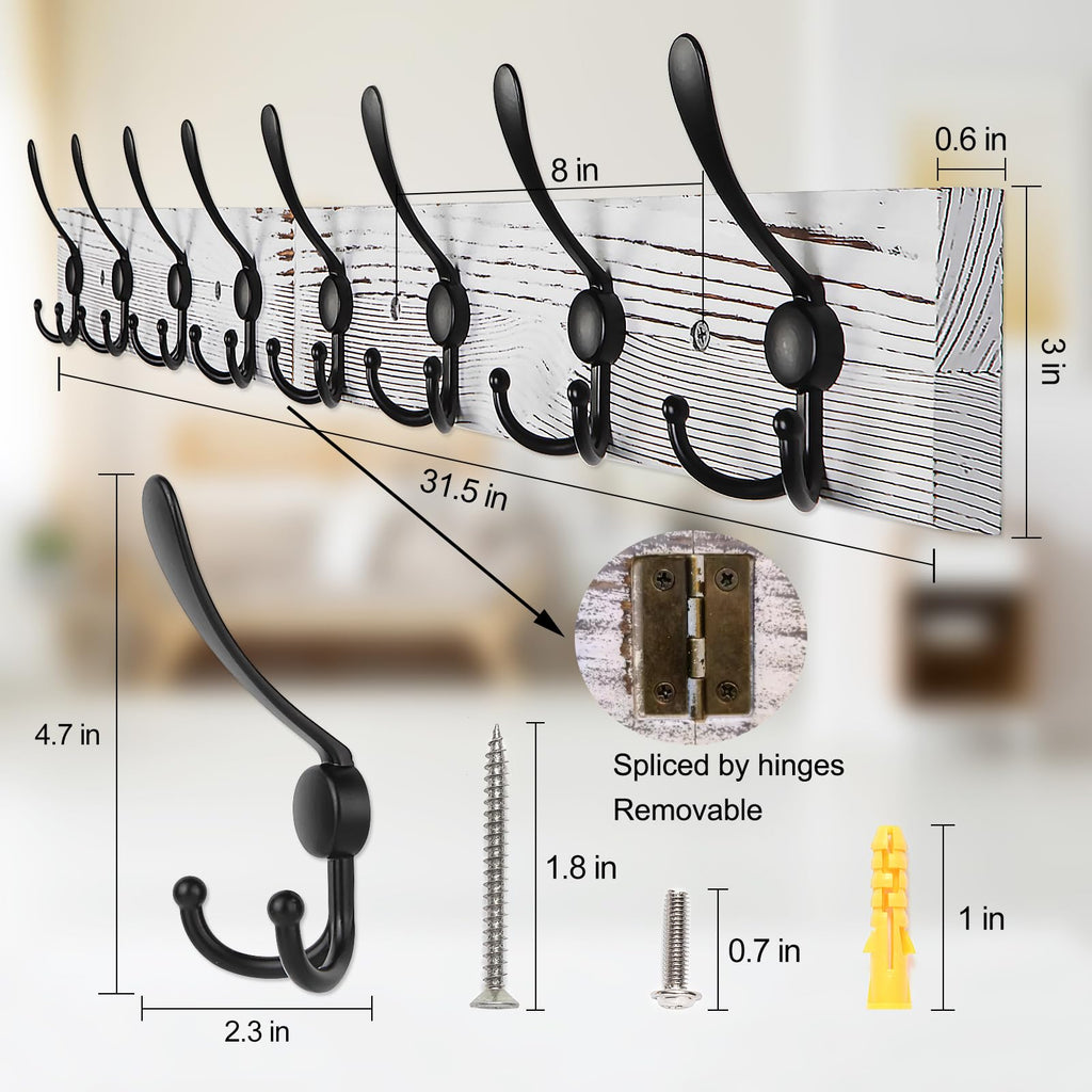 Coat Rack Wall Mount 31.5'' Coat Hanger Wall Mount Old White Coat Hooks for Wall Rustic Towel Racks Living Room Coat
