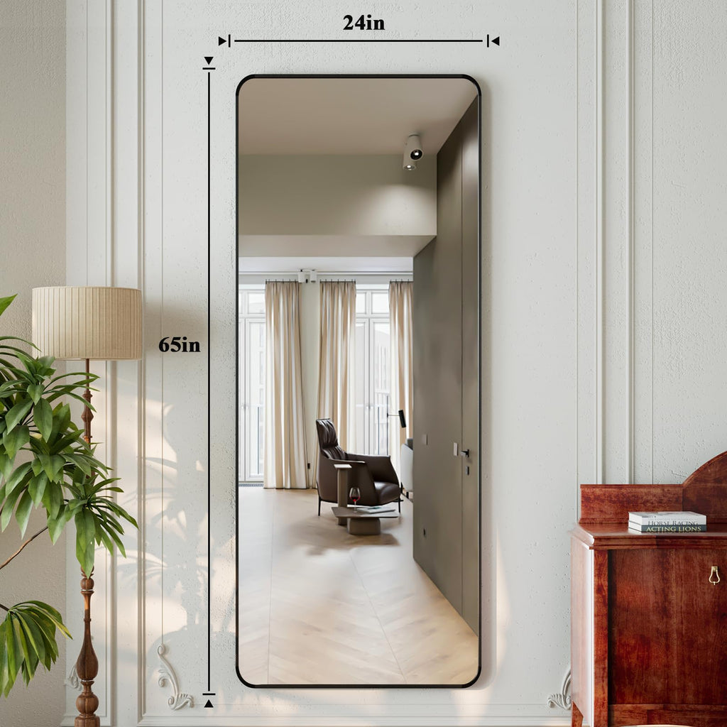 65"x24" Floor Full Length Mirror Standing Full Body Rounded Corner Rectangle Mirrors with Stand Hanging Wall Mounted
