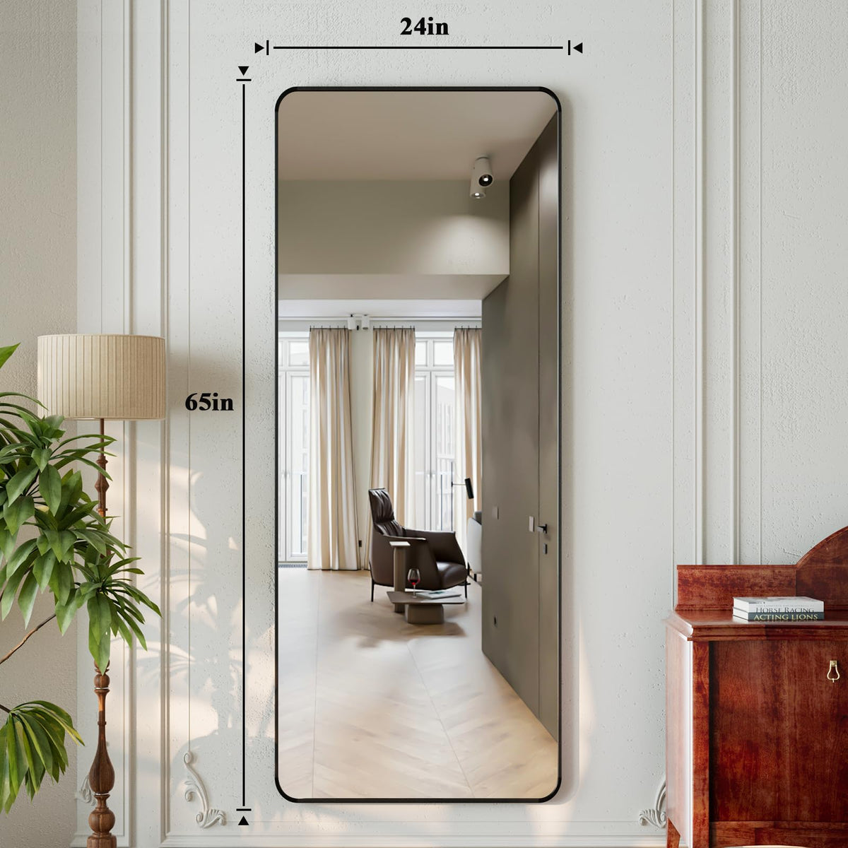 65"x24" Floor Full Length Mirror Standing Full Body Rounded Corner Rectangle Mirrors with Stand Hanging Wall Mounted