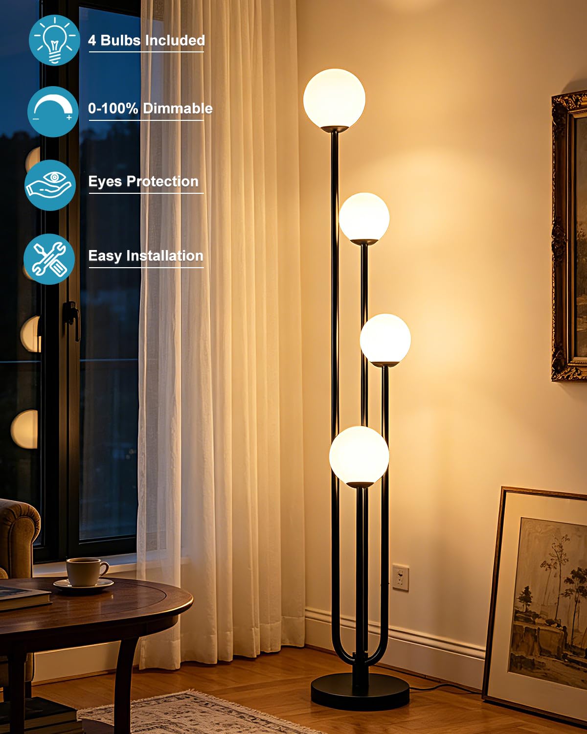 63IN 4-Light Globe Floor Lamp, Unique Black Tall Standing Lamps with 3000K Bulbs for Reading, Mid Century Modern