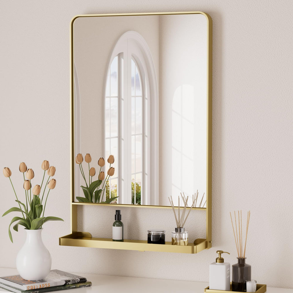 18" x 28" Gold Bathroom Mirror with Shelf, Rounded Corner