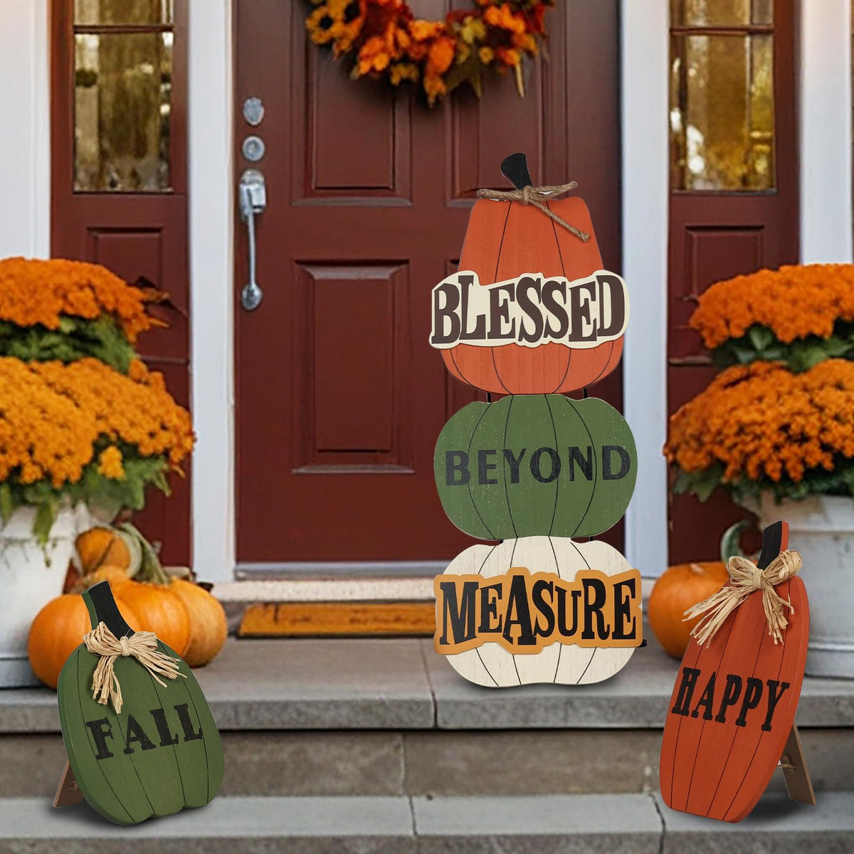 Outdoor Fall Decorations, 3 Pack 24.8" Pumpkin Wood Porch Standings with HAPPY FALL Lettered for Fall Decor, Welcome