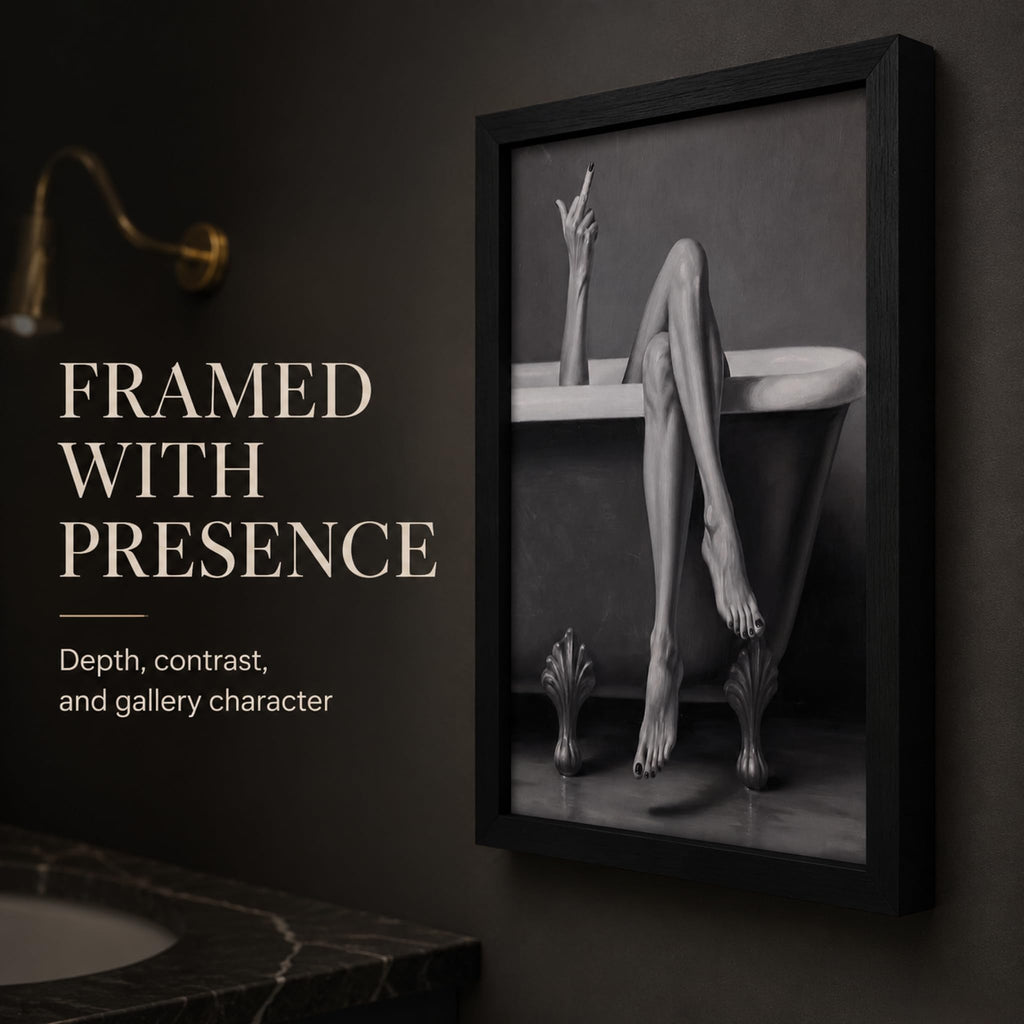 Framed, Black and White Bathroom Wall Art, Moody Legs in Tub Poster Canvas Wall Decor, Trendy Woman Middle Finger