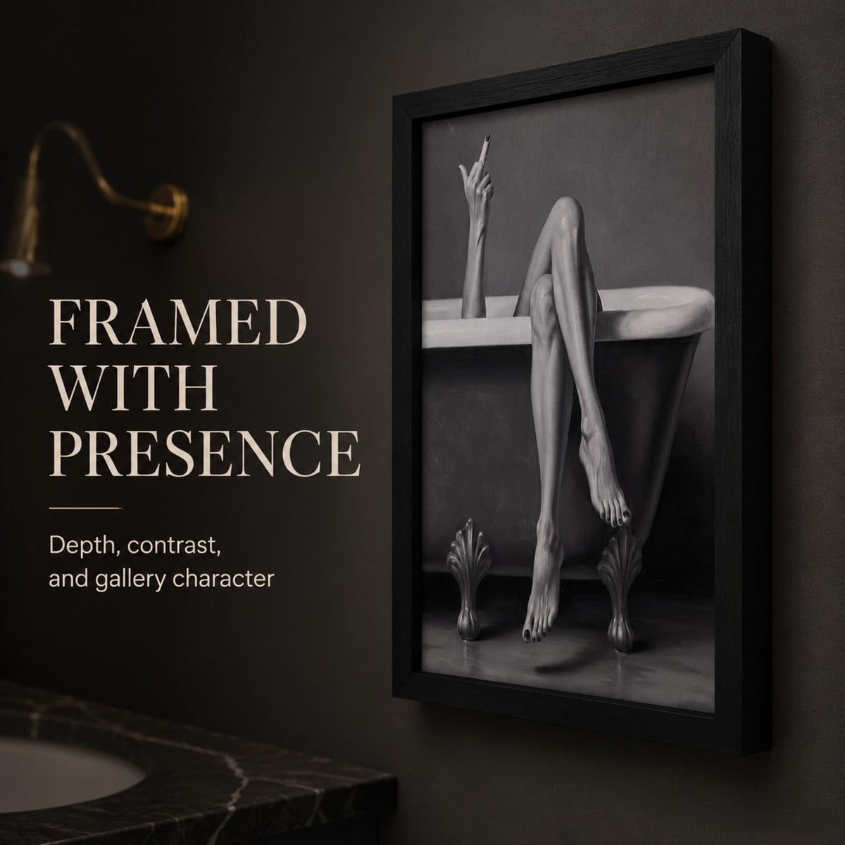 Framed, Black and White Bathroom Wall Art, Moody Legs in Tub Poster Canvas Wall Decor, Trendy Woman Middle Finger
