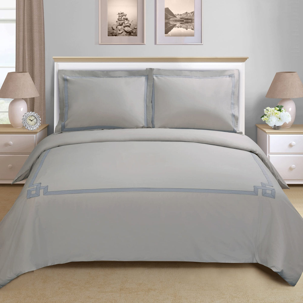 Miller Embroidered Duvet Cover Set, Long-Staple Cotton, Grey/Grey
